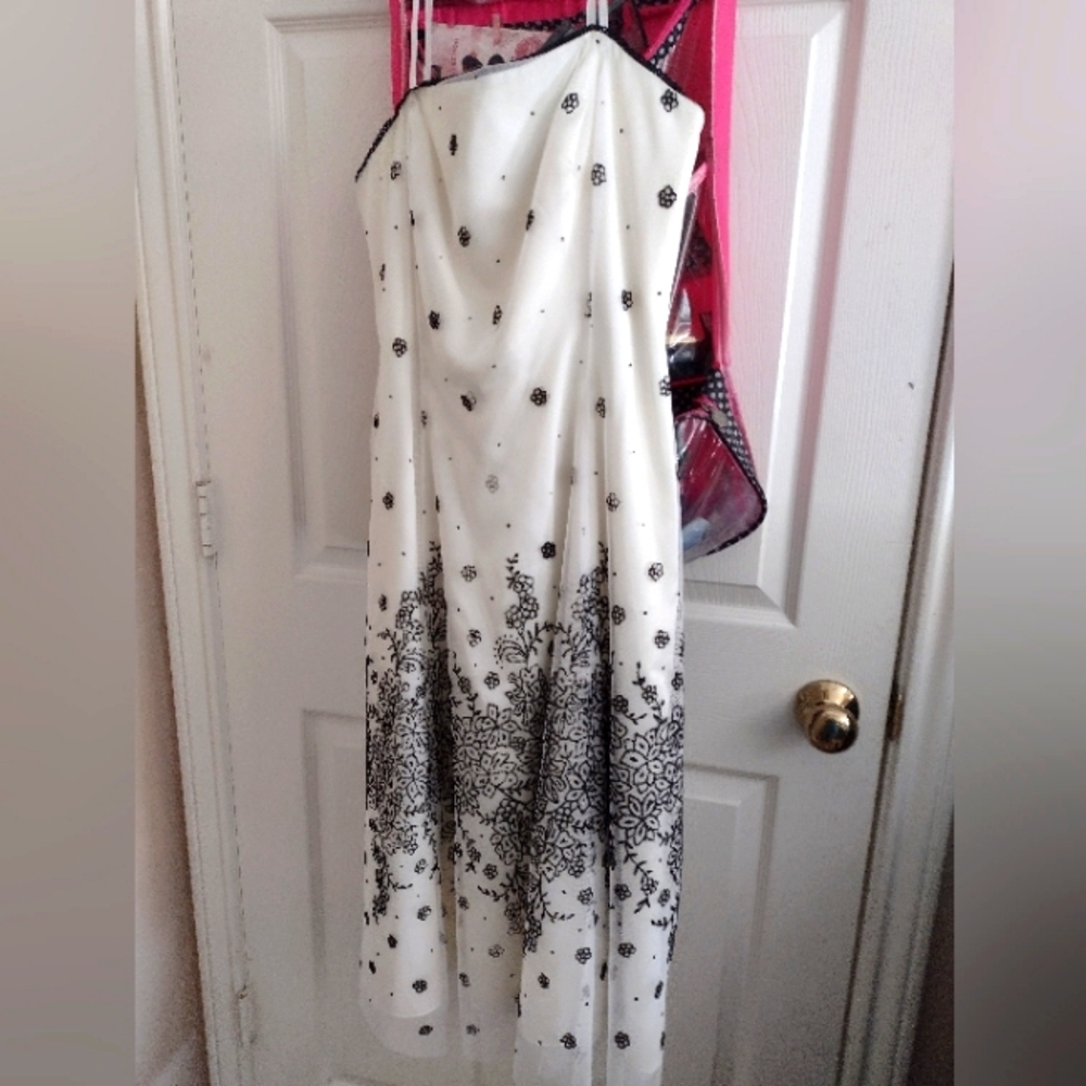 Papell Boutique White with Black Beading Cocktail Dress